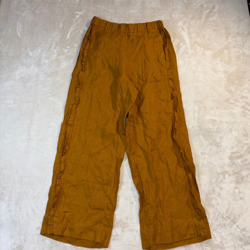 J.Crew Womens Small Mustard Yellow 100% Linen Ruffle Side Wide Leg Pants